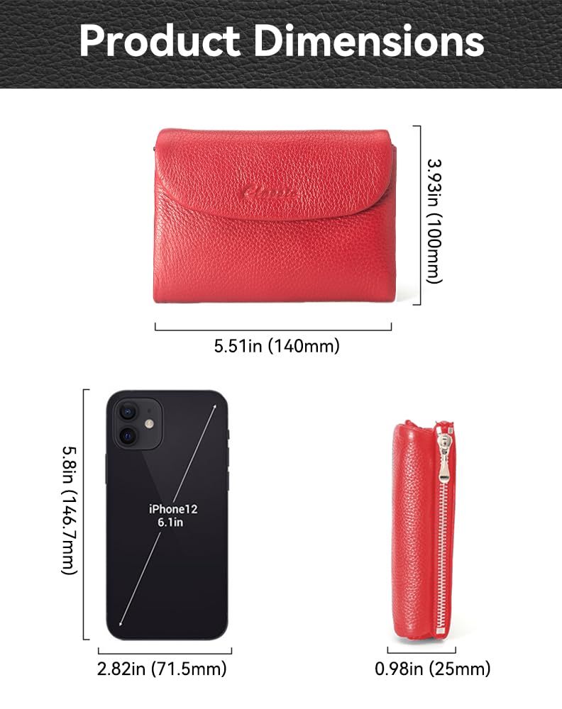 DAMAIKE Wallet for Women [Genuine Leather] [Magnetic Closure], Large Capacity Female Ladies Bifold Wallet Card Holder, ID Window, Zipper Coin Pockets (Red)