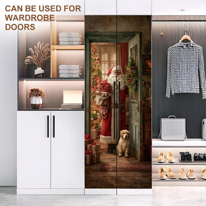 Santa and Puppy Christmas Door Mural Peel and Stick - Festive Golden Retriever Holiday Scene, Decorative Self-Adhesive Door Decals for Indoor Decor, 30.31 x 78.74 Inch