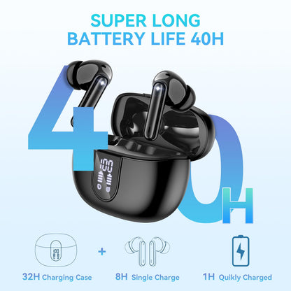 Wireless Earbuds, Bluetooth 5.3 Headphones 40Hrs Playtime Deep Bass Stereo in-Ear Earbud, LED Power Display, Call Noise Canceling Headphones with Mic, IP7 Waterproof Earphones for IOS Android Black