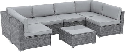 Patiorama 7 Pieces Outdoor Patio Furniture Set, All Weather Grey PE Wicker Rattan Sectional Conversation Set, Porch Garden W/Built-in Glass Table, Seat Clips, Light Grey Cushions