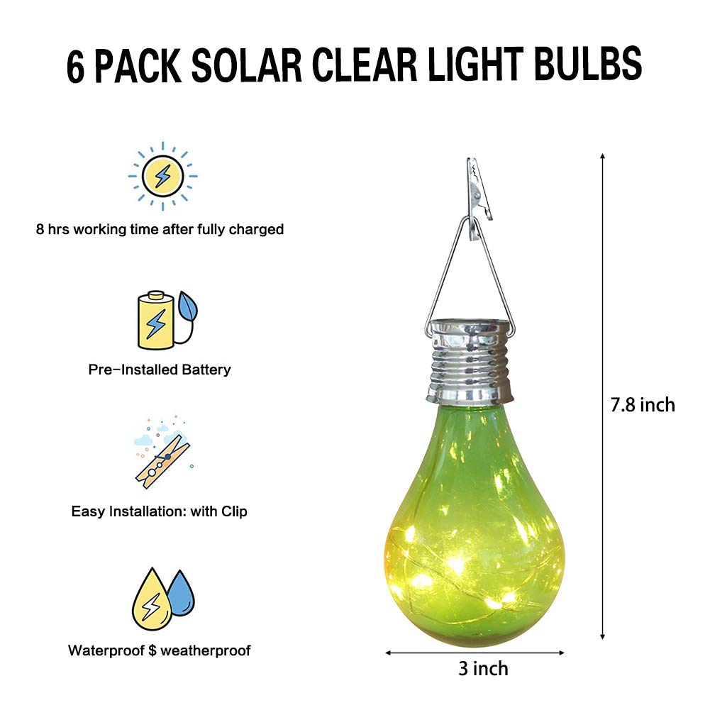 pearlstar Solar Light Bulbs Outdoor Waterproof Garden Camping Hanging LED Light Lamp Bulb Globe Hanging Lights for Home Yard Christmas Party Holiday Decorations (6 Pack-Solar Light Bulbs)