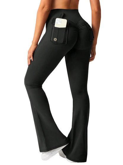 Avanova Women Butt Lifting Leggings Pockets Flare Yoga Pants Black B Large