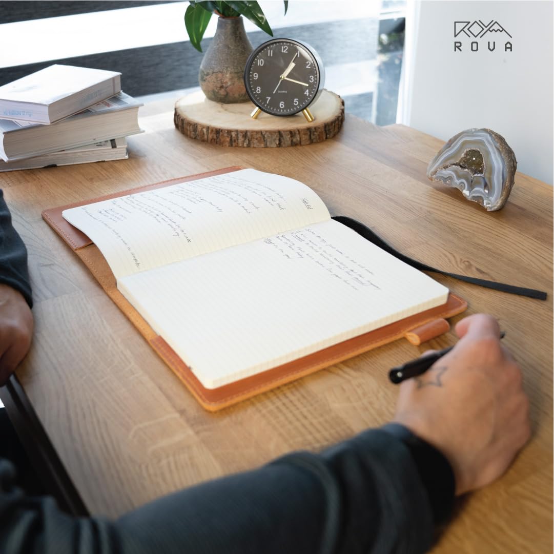 ROVA Full Grain Leather Notebook Journal Cover - Hand Crafted in the USA - Fits Moleskine XL (9.75" x 7.5") - Lay Flat Design with Pen Loop - Brown