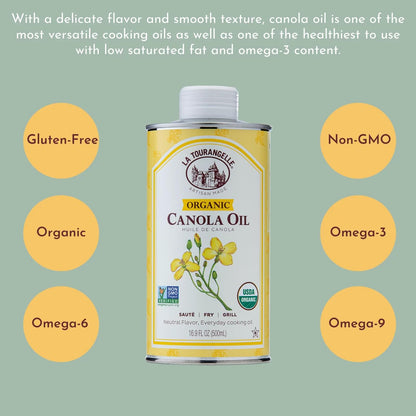 La Tourangelle, Organic Canola Oil, Expeller-Pressed Non-GMO Canola Seeds, Pesticide and Chemical Free, High Heat Neutral Cooking Oil, 16.9 Fl Oz
