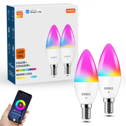 OHLUX 6 Pack E12 Smart Candelabra LED Light Bulbs, Color Changing Compatible with Google Alexa and Smart Life, 4W 40W Equivalent WiFi Candle Bulbs with Remote Control, Timer