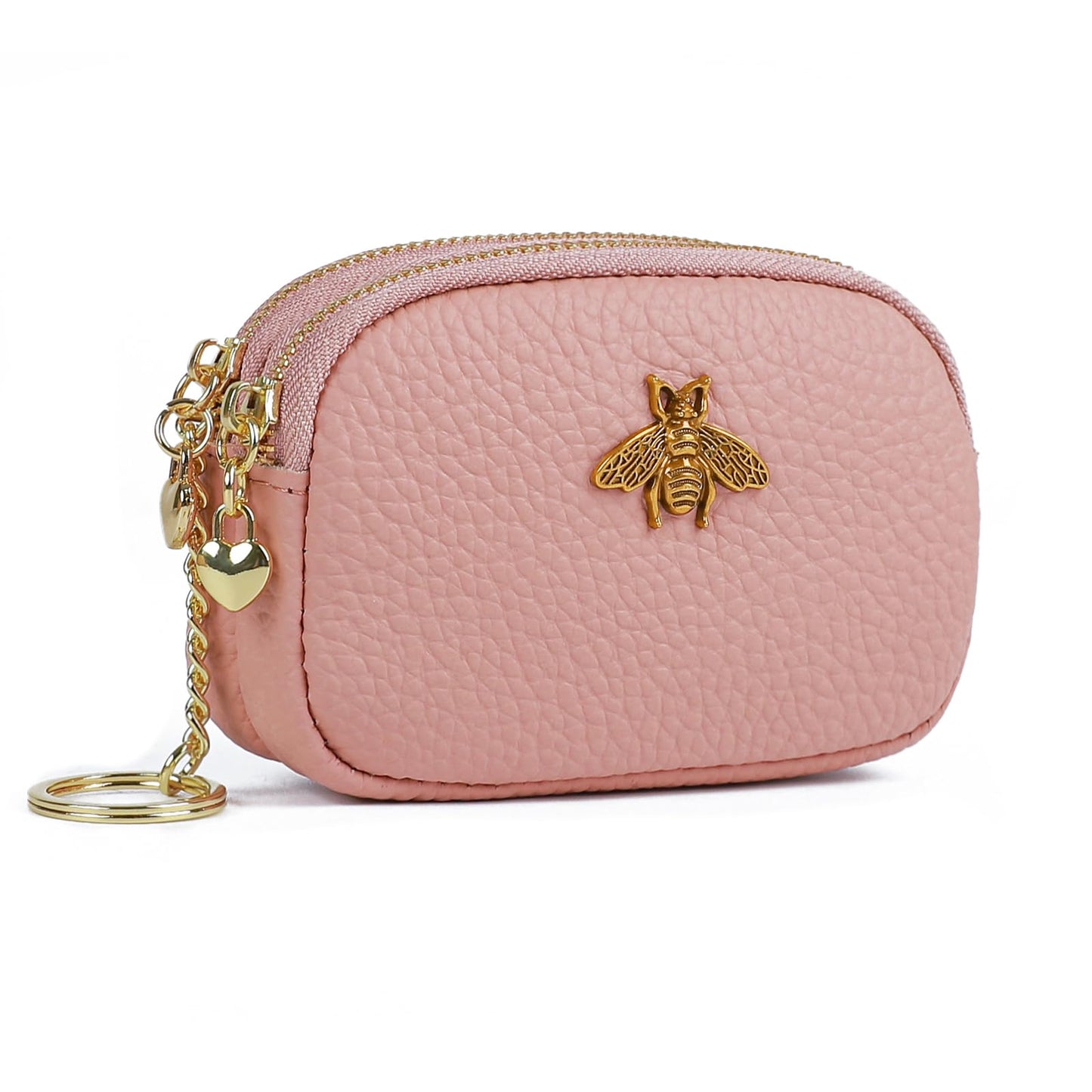imeetu Women Leather Coin Purse, Small 2 Zippered Change Pouch Wallet(Copper Bee, Pink)
