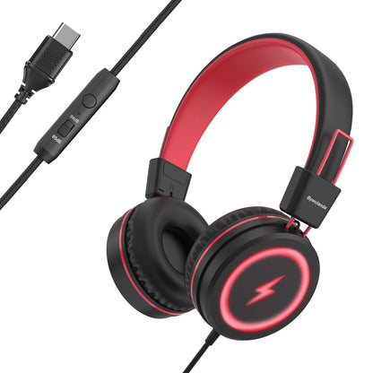 Bywulanda Kids Headphones with LED Lights for School, Upgrade USB Type C Kid Headphone with Microphone, Volume Limiter 85/94dB, Wired On Ear Headphones for Boys/Girls/Tablet/Travel -Black