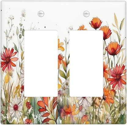 Watercolor Wild Flower Floral Double Rocker Light Switch Cover 2 Gang Outlet Wall Plate Decorative GFCI Switchplate Electrical Faceplate for Nursery Bedroom Bathroom Decor