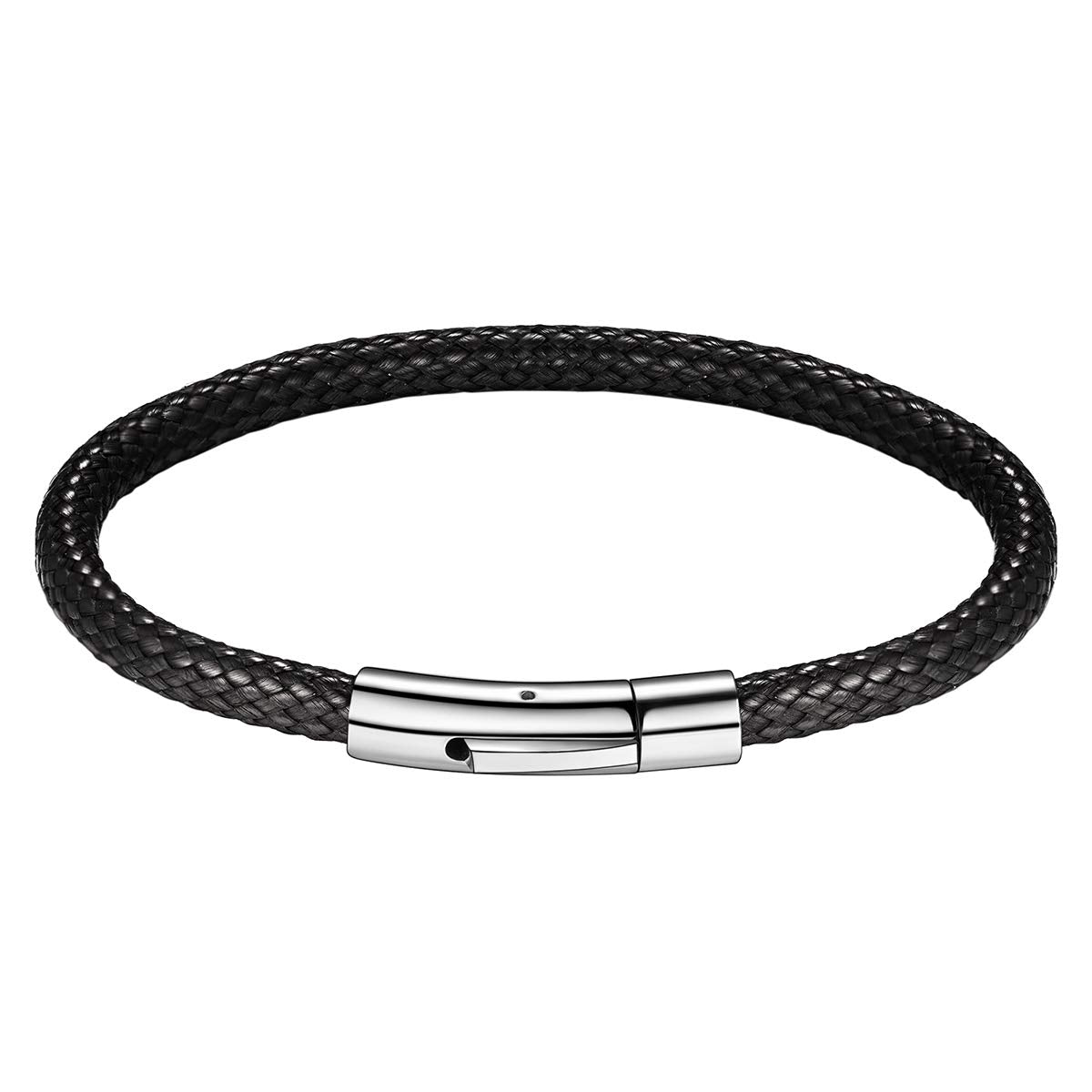 FOCALOOK Black Leather Bracelet for Men, Braided Wax Rope Bracelet with Stainless Steel Clasp Engraved Inspirational Wristband Fathers Day Gift for Him Husband Dad Friend 7inch(18cm)