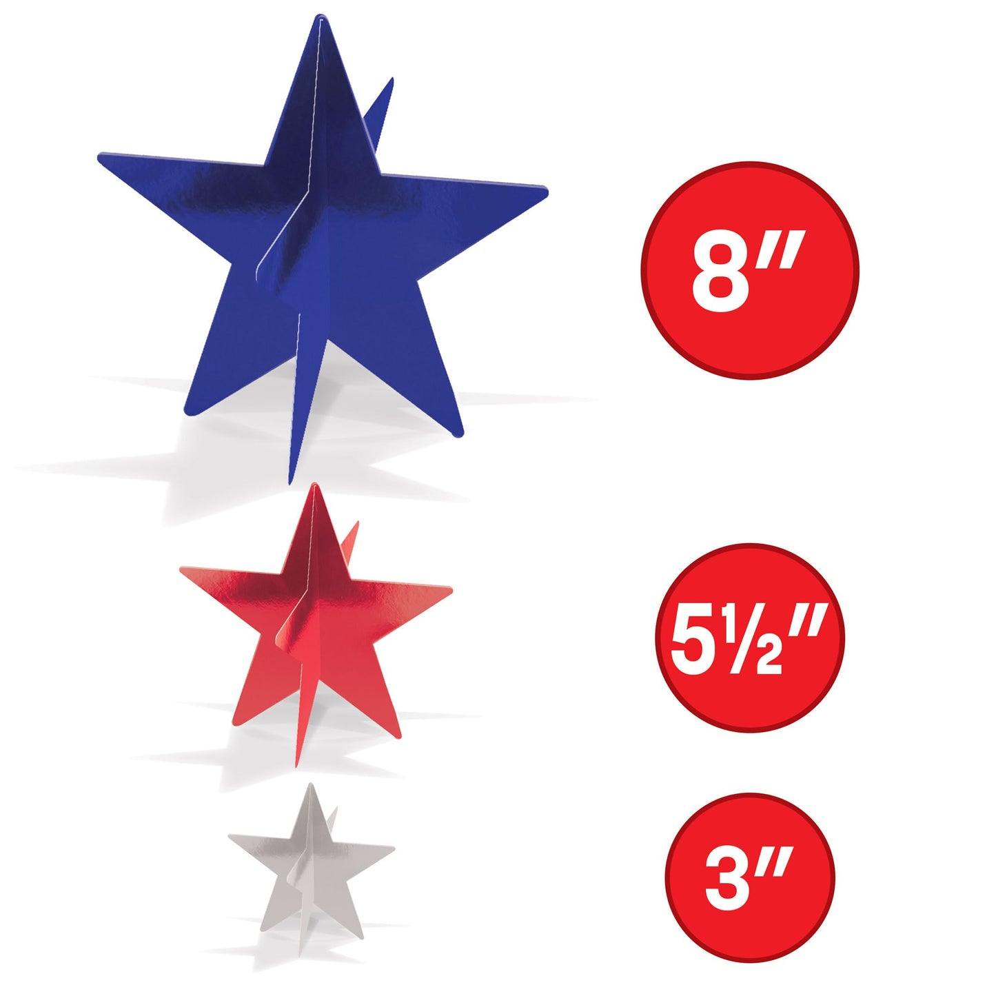 Beistle Red, Silver, and Blue 3-D Foil Star Centerpieces – 6 Pack, Dimensional Star Table Decorations, Freestanding Metallic Décor for New Year’s Eve Celebrations, July 4th Parties & Patriotic Events