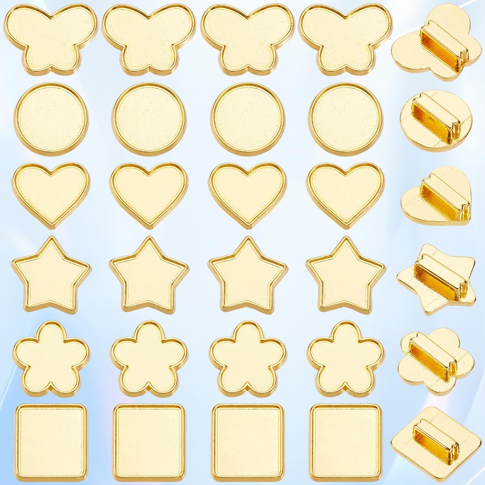 SUNNYCLUE 1 Box 48Pcs 6 Styles Bezel Tray Settings Gold Slider Charm Bulk Round Star Butterfly Heart Blank Trays Metal 8mm Hole Slide Beads for Bracelets Jewelry Making Supplies DIY Crafts Wristbands