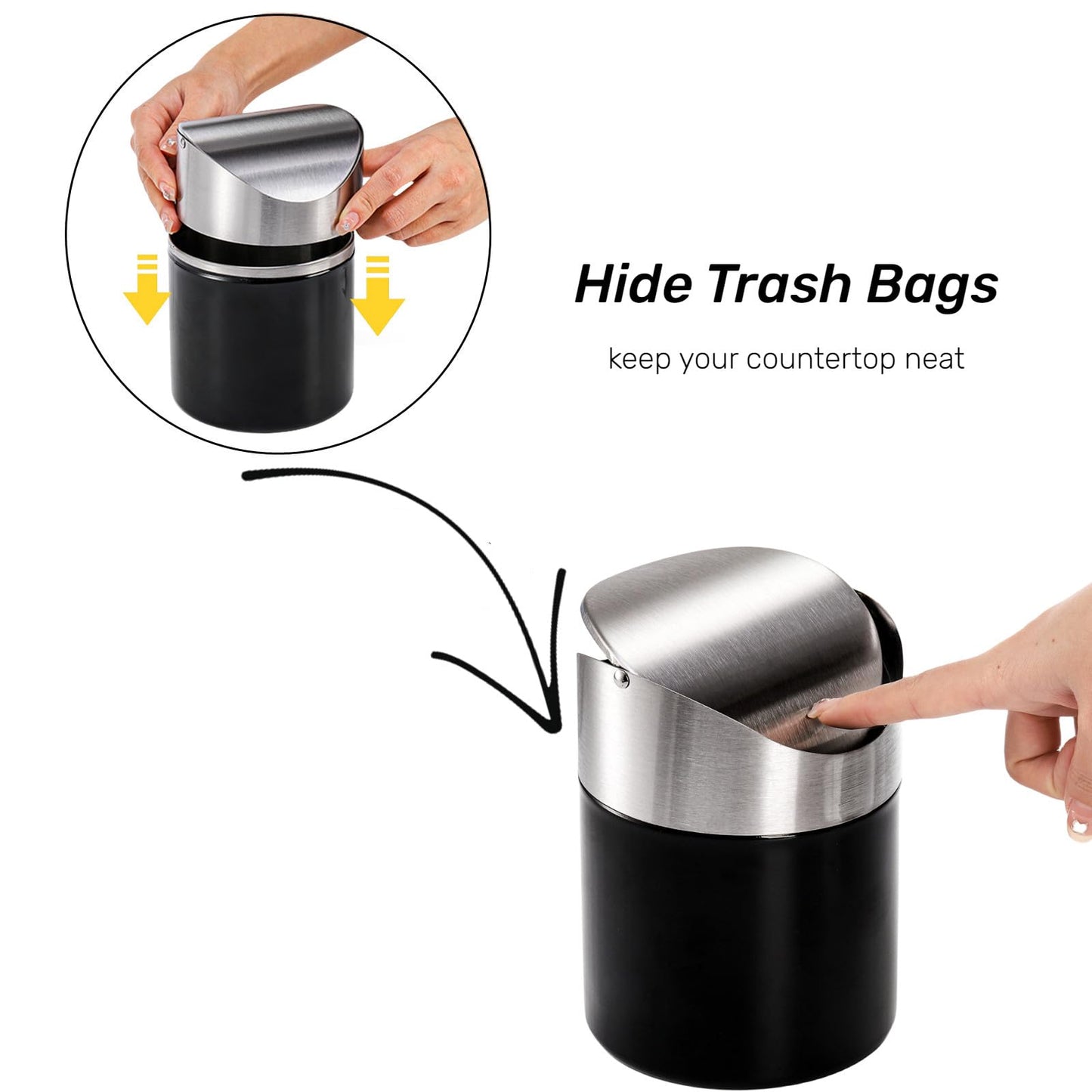 ZOOFOX Set of 2 Mini Trash Can with Swing Lid, Brushed Stainless Steel Countertop Garbage Bin, Modern Tiny Waste Basket for Office Desk, Vanity, Makeup Tabletop, Coffee Table