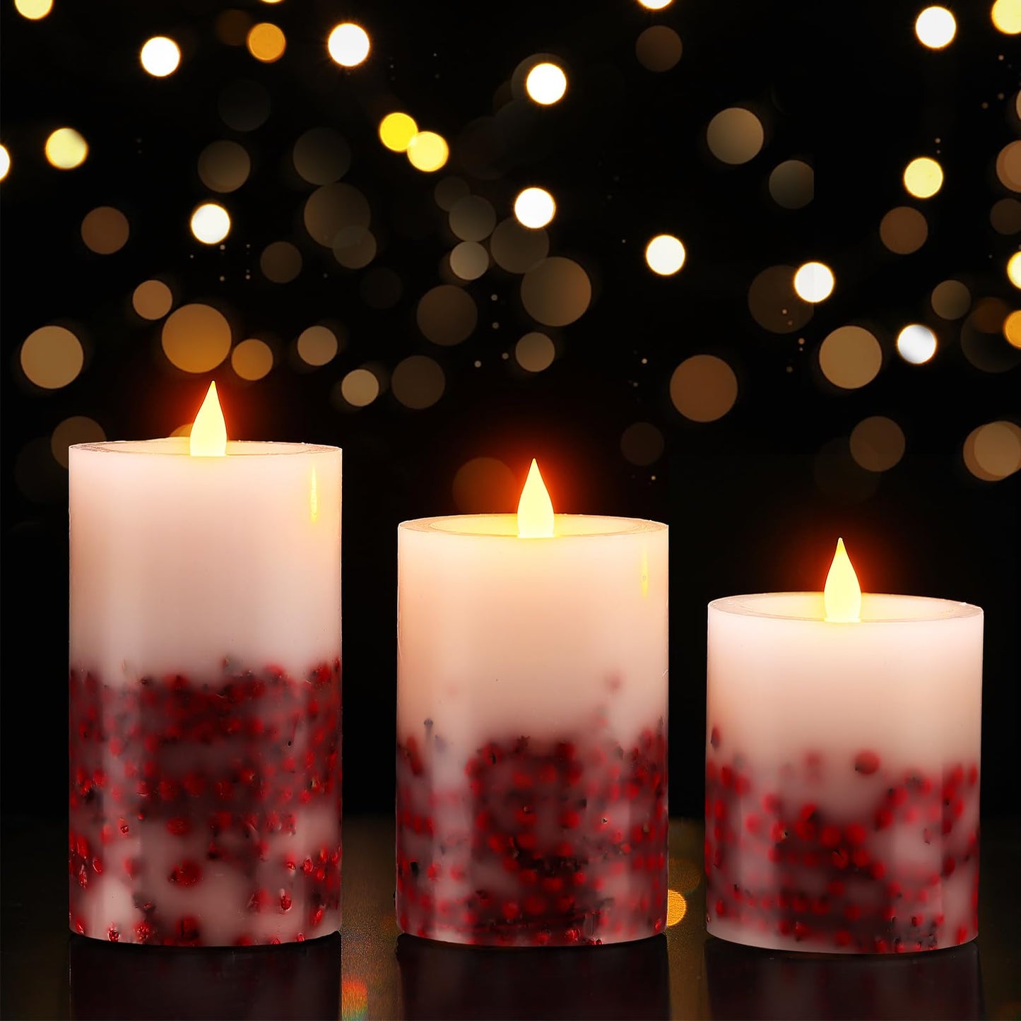 Baquler 3 Pcs Christmas Flameless LED Candles Rowan Berries Embedded Real Wax Unscented Flicker Wick Pillar Candle Battery Operated Warm Light for Home Party Xmas Gift Decoration