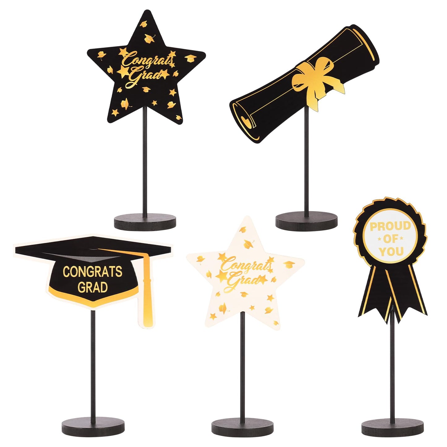 2026 Graduation Decorations, 5Pcs Black Gold White Wooden Table Centerpieces Decor Include Grad Cap Diploma Star Supplies Medal Sign, of Congrats Graduation Day Class Party Decoration.
