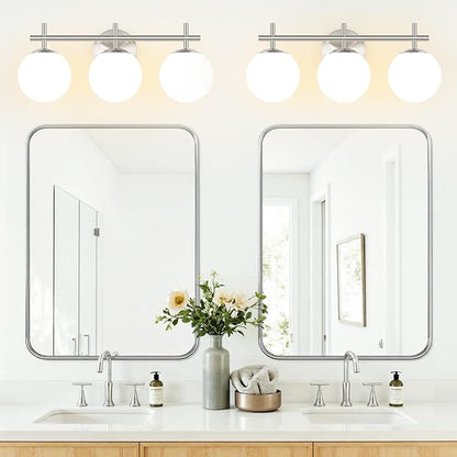 3-Light Bathroom Light Fixtures, Brushed Nickel Vanity Lights for Bathroom with Milky White Ball Shades, 18.9 inch Bathroom Lighting Fixtures Over Mirror, Wall Sconce for Bedroom (Exclude G9 Bulb)
