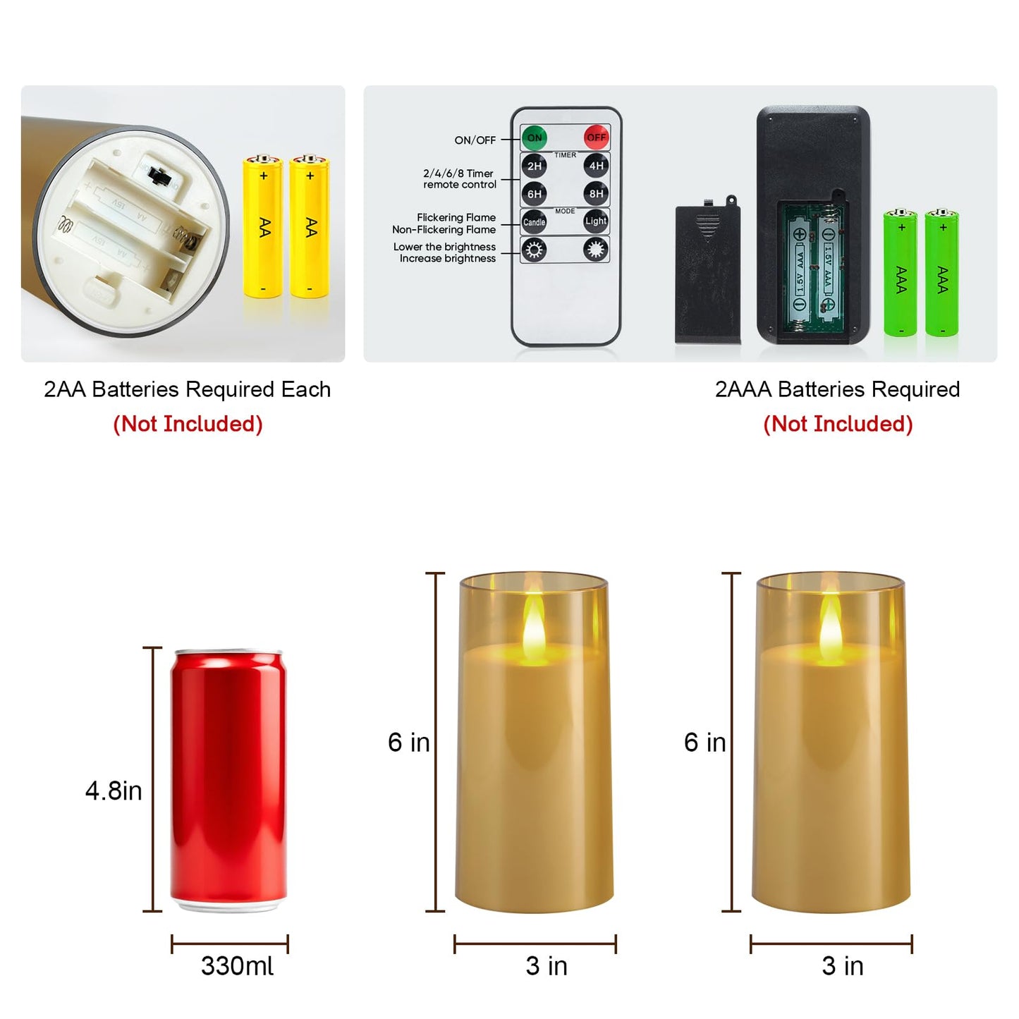 Raycare Flameless Electronic Pillar Candles with Remote Control and Timer- Battery Operated Realistic Flickering LED Fake Candle for Home, Wedding, Valentine's Day Decor, Gold,Set of 2(3"x6"6")