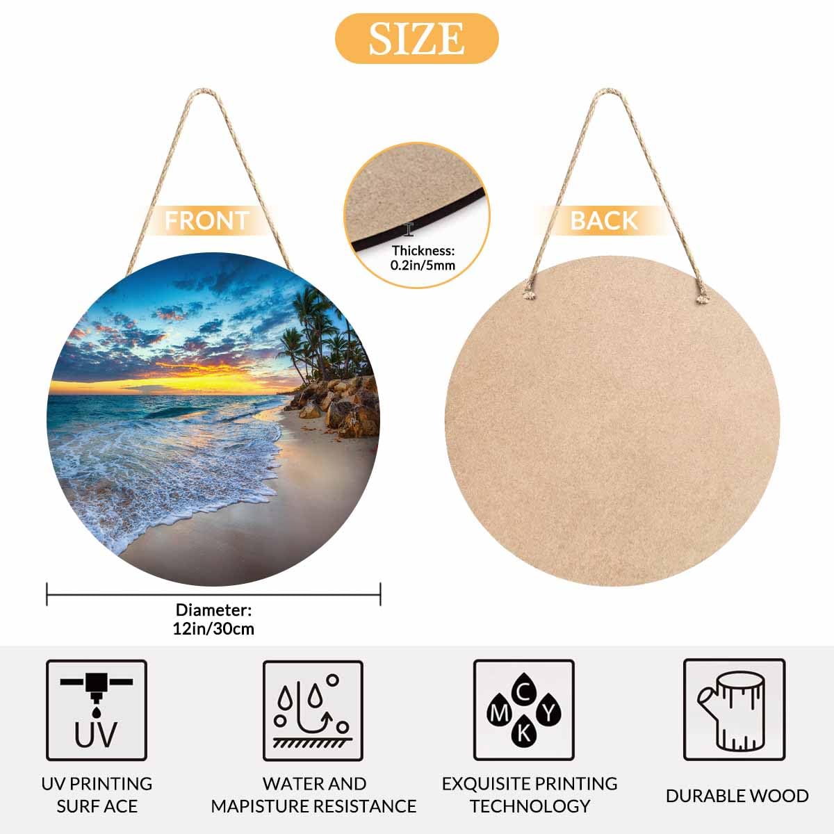 Beabes Welcome Sign Rustic Round Sign Front Door Wreaths Beauty Sunset Beaches for Outdoor Indoor Wall Hanging Decorations 12x12in