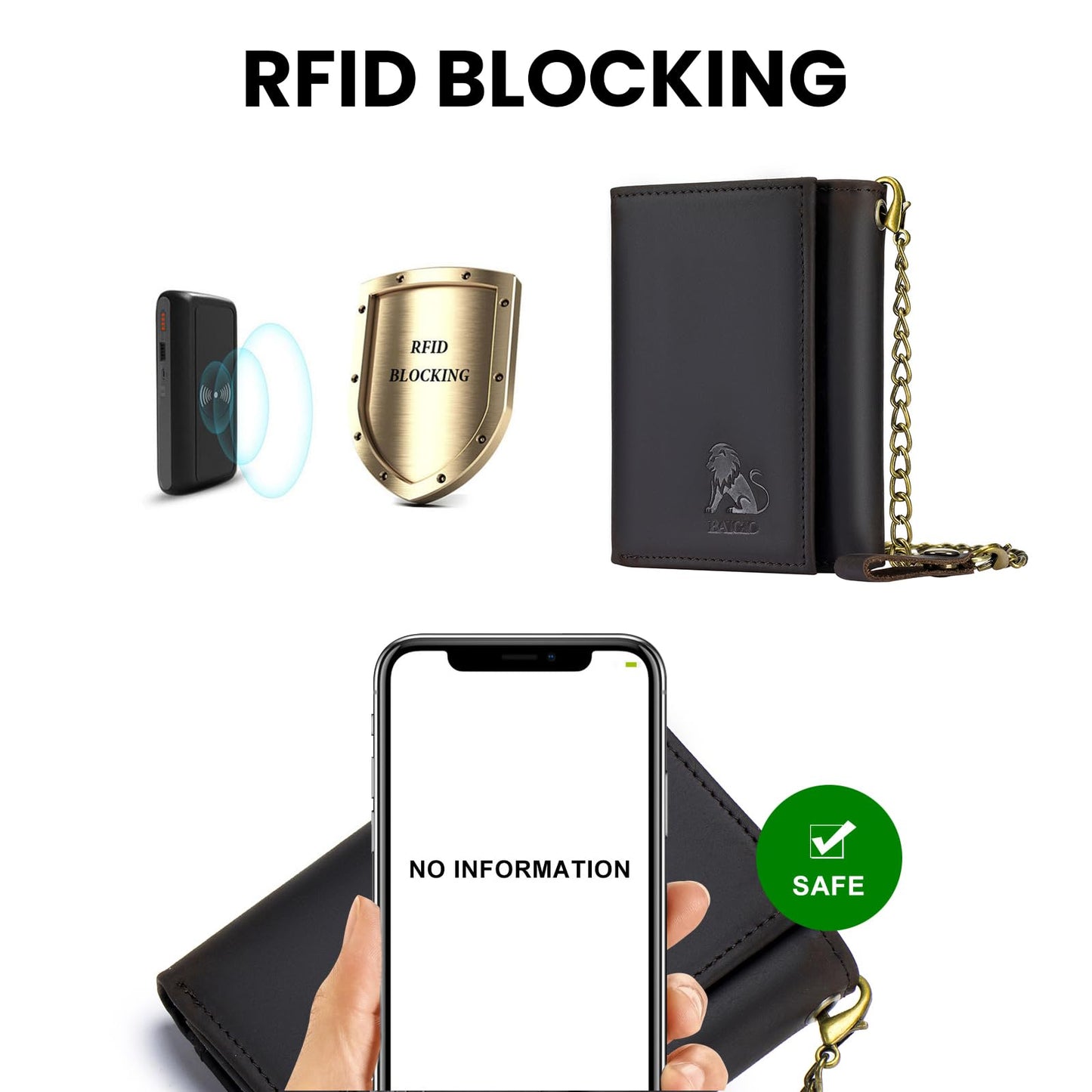 BAIGIO Men Wallet with Chain Genuine Leather Wallet for Men RFID Blocking Trifold Wallet Father's Gift