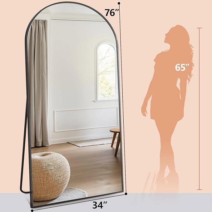 Arched Floor Mirror, 76 "x 34" Full Length Mirror Wall Mirrors Hanging or Leaning Arched-Top Full Body Mirrors with Stand for Bedroom, Dressing Room, Black
