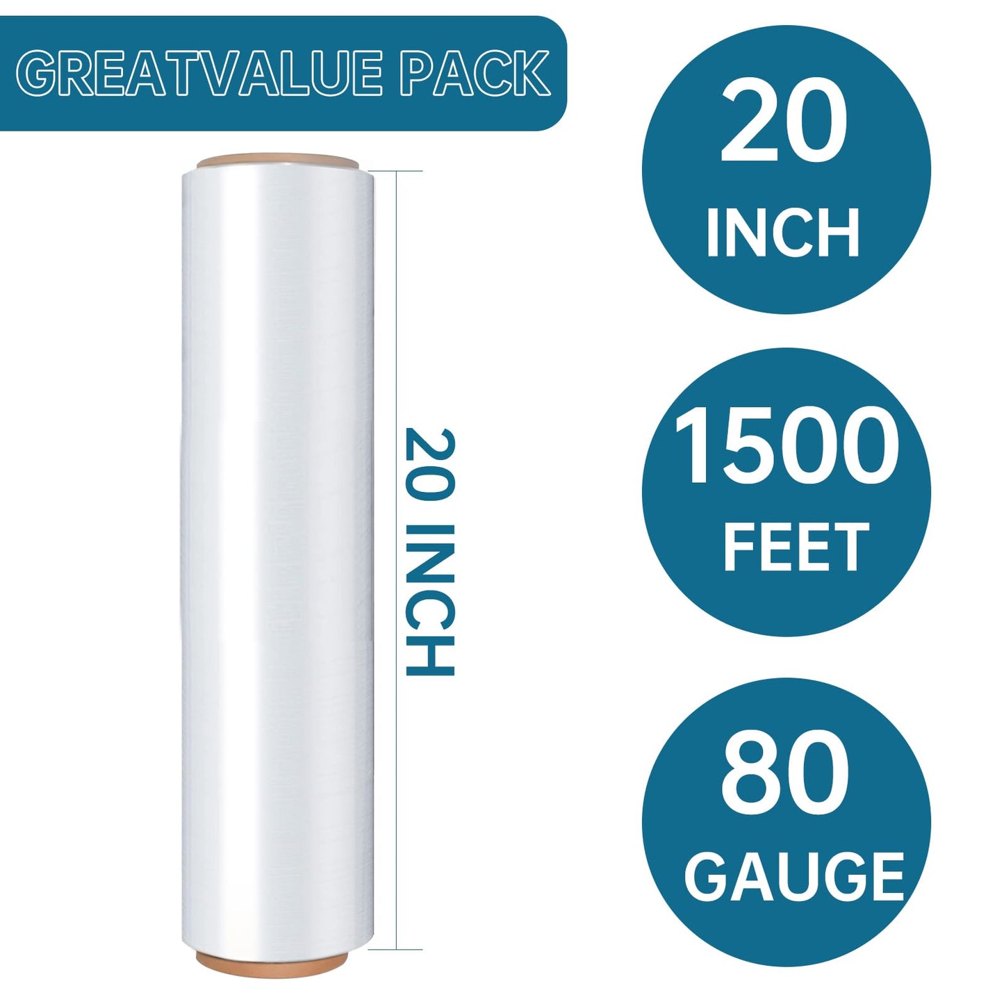 Stretch Film Shrink Wrap Roll 20" x 1500FT, Heavy Duty 80 Gauge Stretch Wrap Roll, Industrial Plastic Wrap for Moving, 800% Stretch for Packing, Pallets, Shipping&Furniture Protection(4 Roll Clear)