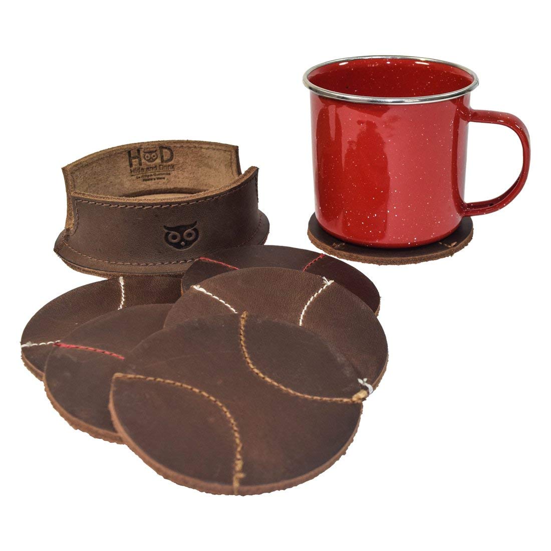 Durable Thick Leather Baseball Coasters (6-Pack) Handmade by Hide & Drink (Bourbon Brown)