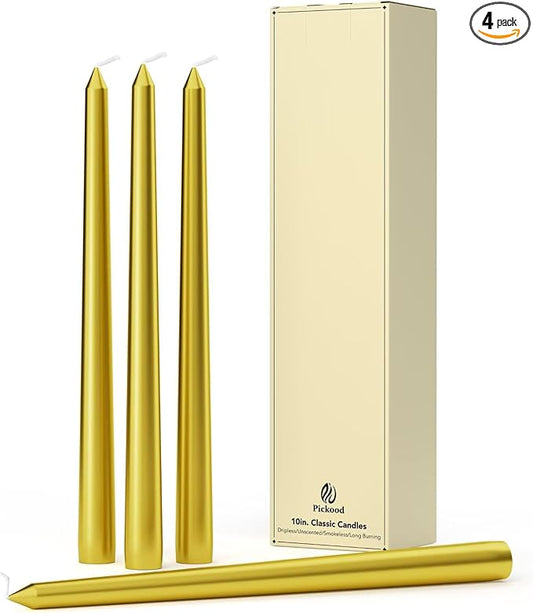 10-Inch Tall Dripless Taper Candles Set of 4 - Gold Tapered Candles, Perfect for Wedding,Christmas - Smokeless, Unscented, Long Burning - Hand Poured, Colored Tall Candlesticks - doradas