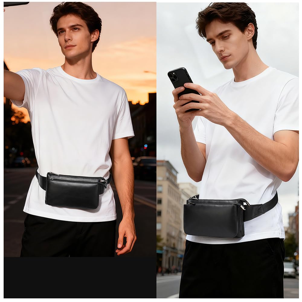 Niucunzh Small Leather Mens Fanny Packs for Women Lightweight Lambskin Leather Waist Bag Sport Men Crossbody Belt Purse Hip bags Hands-Free Bumbag Black