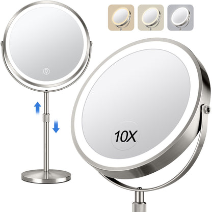 Lighted Makeup Mirror, Rechargeable Height Adjustable Double Sided, 1x/10x Magnifying with 3 Color, Brightness Adjustable, 360° Rotation Vanity, Gift for Women