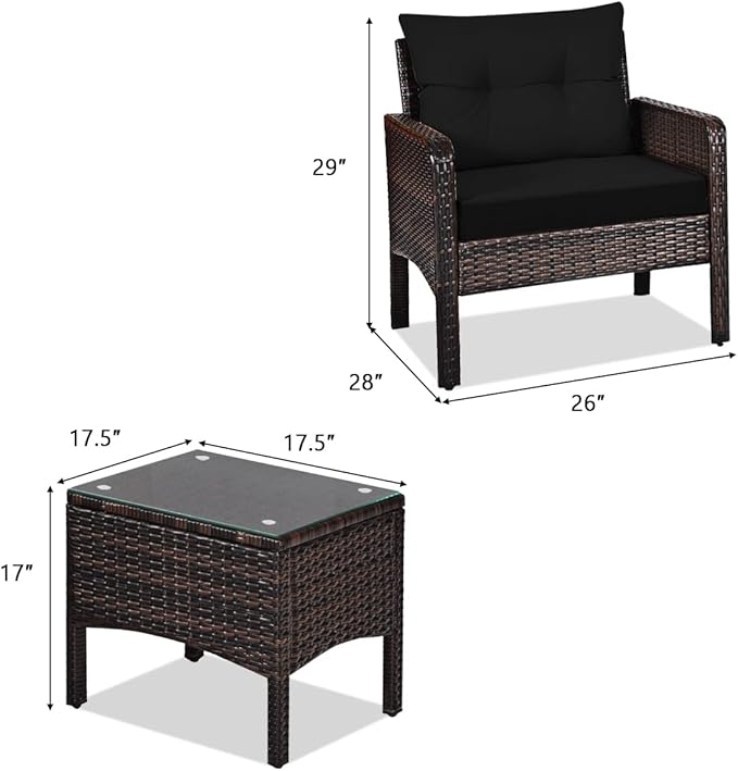 HAPPYGRILL 3 Pieces Patio Conversation Set Outdoor Rattan Wicker Furniture Set with Coffee Table & Chairs Patio Bistro with Seat Cushions for Garden Balcony Backyard Poolside