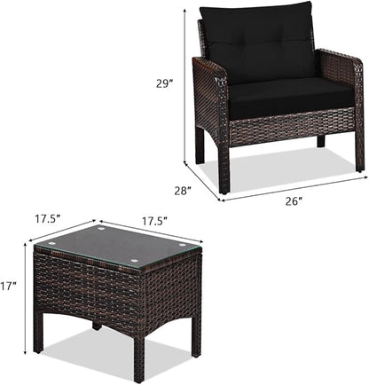 HAPPYGRILL 3 Pieces Patio Conversation Set Outdoor Rattan Wicker Furniture Set with Coffee Table & Chairs Patio Bistro with Seat Cushions for Garden Balcony Backyard Poolside