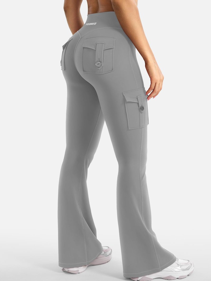 YEOREO CoreFlex Women Workout Flare Leggings with Pockets Hidden Scrunch High Waisted Cargo Gym Yoga Leggings Light Grey XS