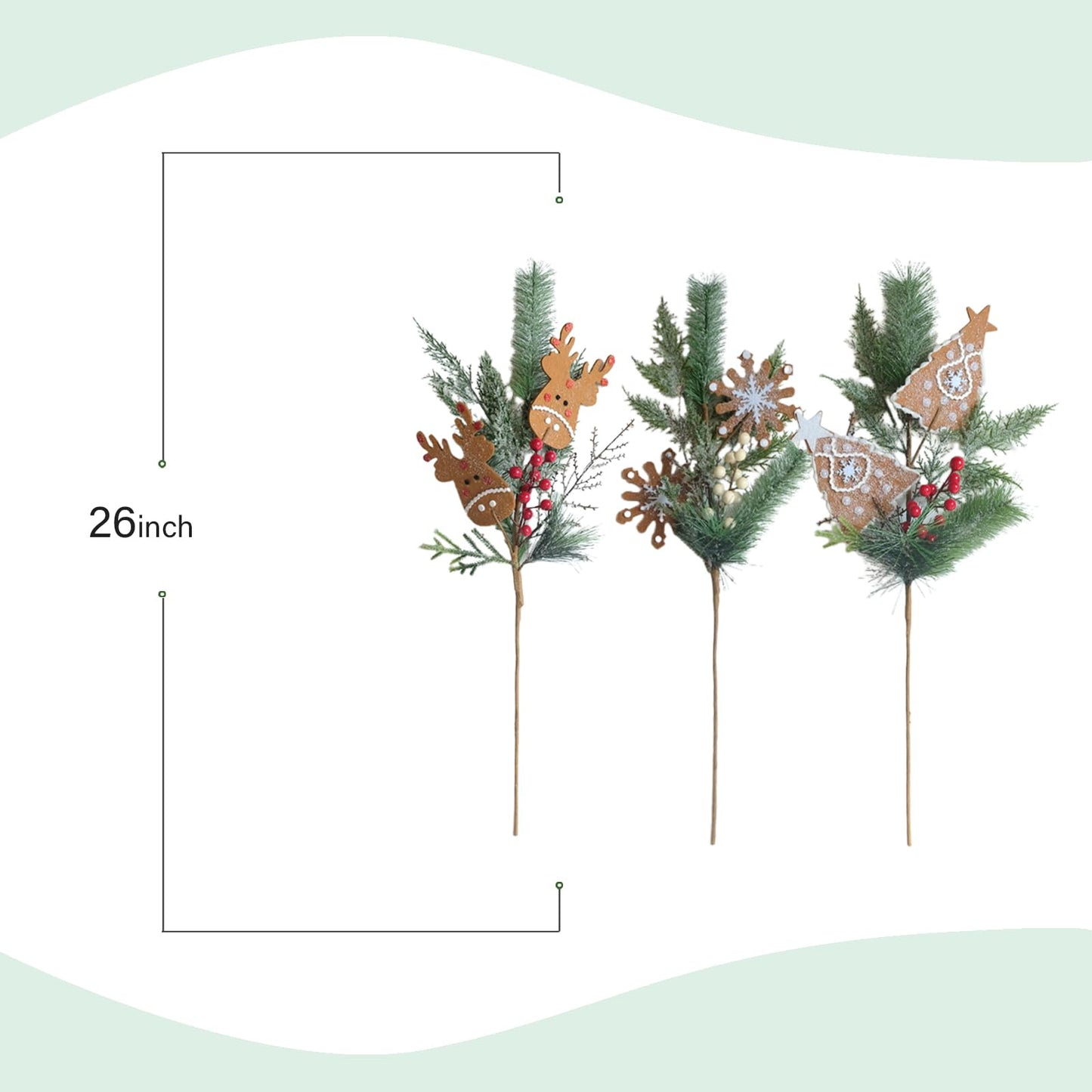 TEMPUS 6 Pcs Christmas Tree Ornaments 26 Inch Pine Needle Branches with Felt Reindeer Snowflakes Christmas Table Centerpiece Winter Home Decor DIY Crafts for Vase Filler Wreath Decor