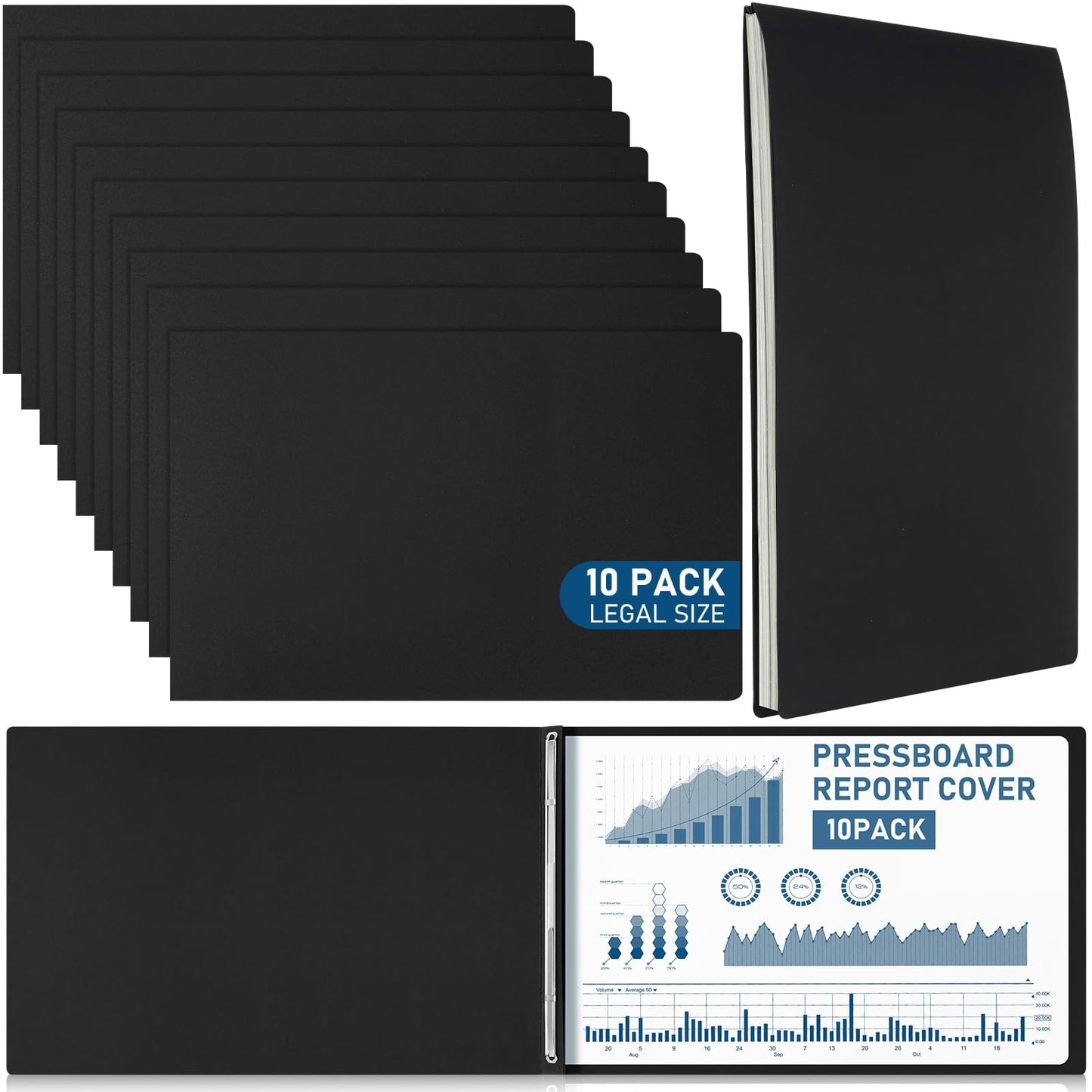 Resurhang 10 Pcs 14x9 Inch Pressboard Report Cover, 3" Capacity Presentation Binder Folder with Metal Prong Paper Fastener to Neatly Bind Reports Proposals Transcripts, Other Documents (Black)