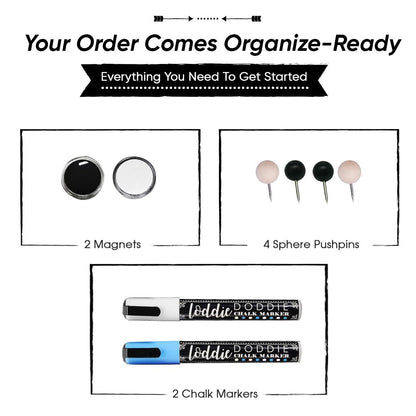 Loddie Doddie Chalkboard Calendar & Bulletin Combo - 18" x 24" Rustic Frame, with Chalk Markers, Push-Pins, Magnets, Blackboard - Kitchen Wall Calendar Organizer