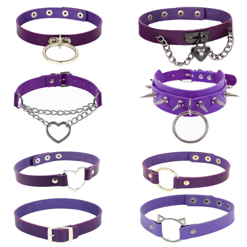 WeeH Gothic Choker Set for Women and Men - Pack of 8 Purple PU Punk Rock Necklace Vintage Collar Cosplay Costume Accessory