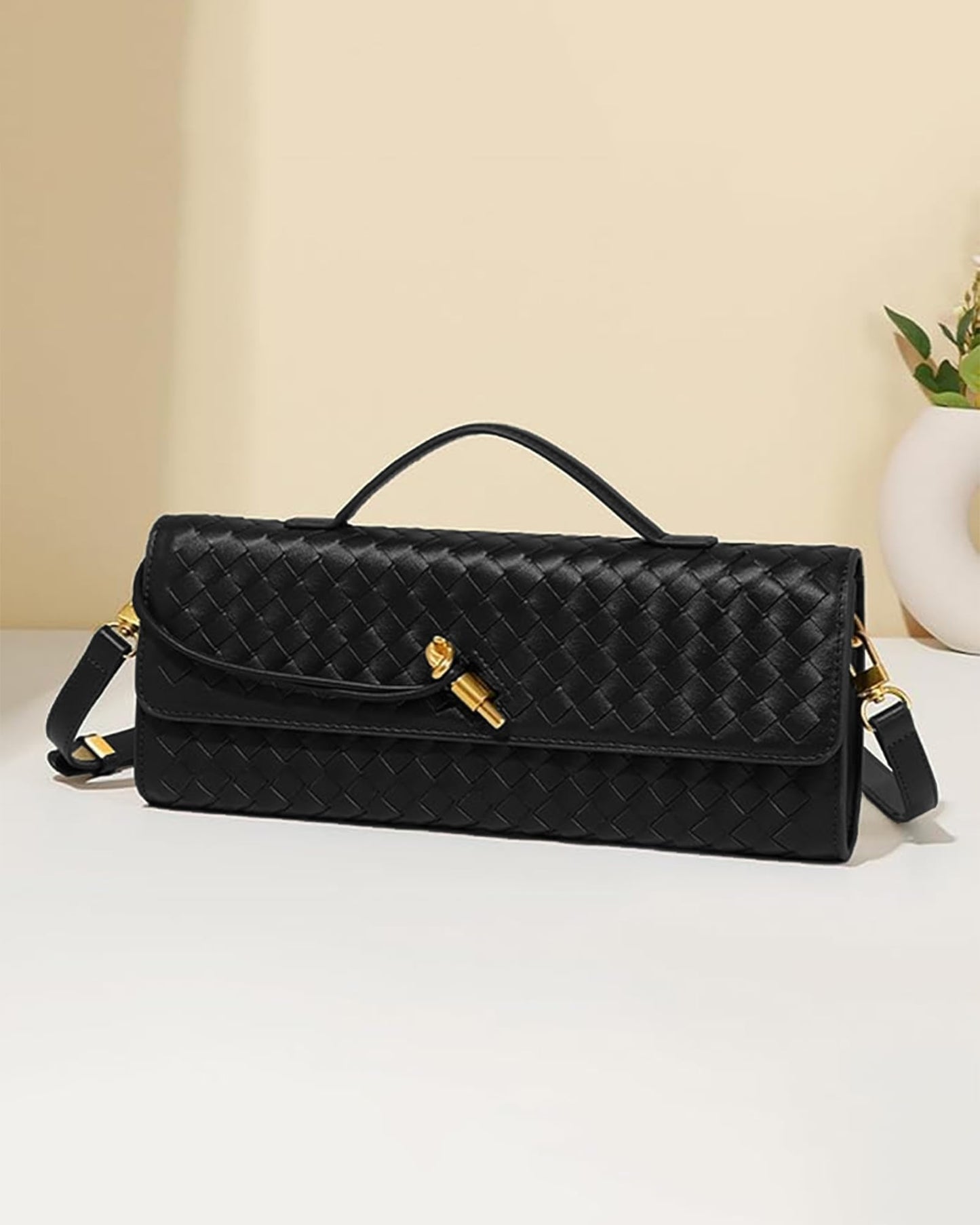 NEWBELLA Women's Handmade Woven Clutch Purse - PU Leather Crossbody Bag for Evening & Casual, Adjustable Shoulder Strap Fashion Handbag (Black)