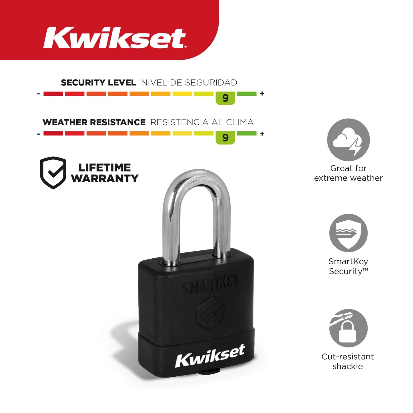 Kwikset SmartKey Re-Keyable Laminated Steel Padlock with Boron Carbide Shackle, with Weather Cover, Outdoor Gate and Storage Lock, 2 in Body, 1-1/2 in Shackle, 4 Pack Keyed Alike, Silver