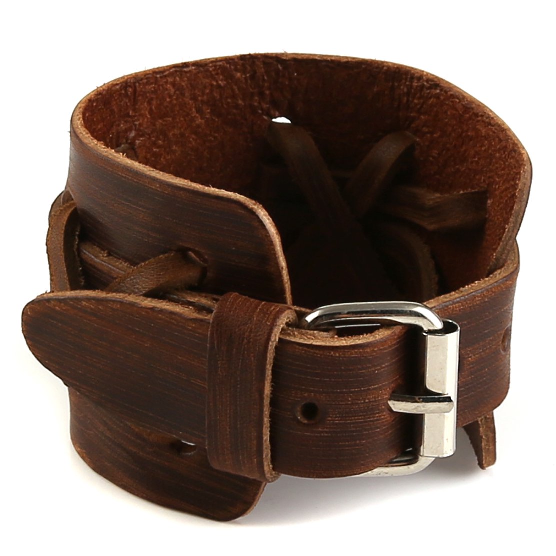 HZMAN Authentic Wide Genuine Leather Casual Mens Brown Cuff Bangle Bracelet