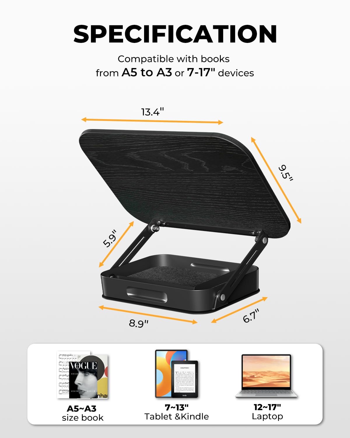 Adjustable Book Stand with Storage Drawer, 360° Rotating Book Holder, Height & Angle Adjustable, Extra-Wide Page Clips for Thick Books, Wood & Aluminum Book Stand for Desk, Study, Kitchen