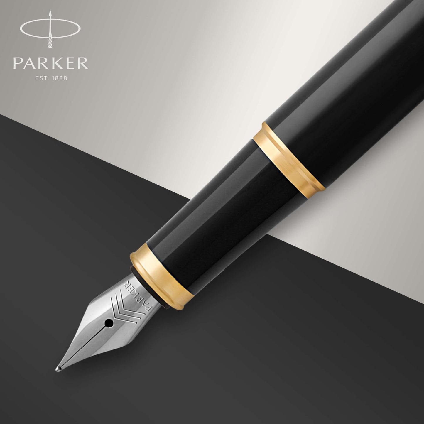 Parker IM Fountain Pen, Black Lacquer with Gold Trim, Fine Nib, Blue Ink Refill, Elegant Gift Box