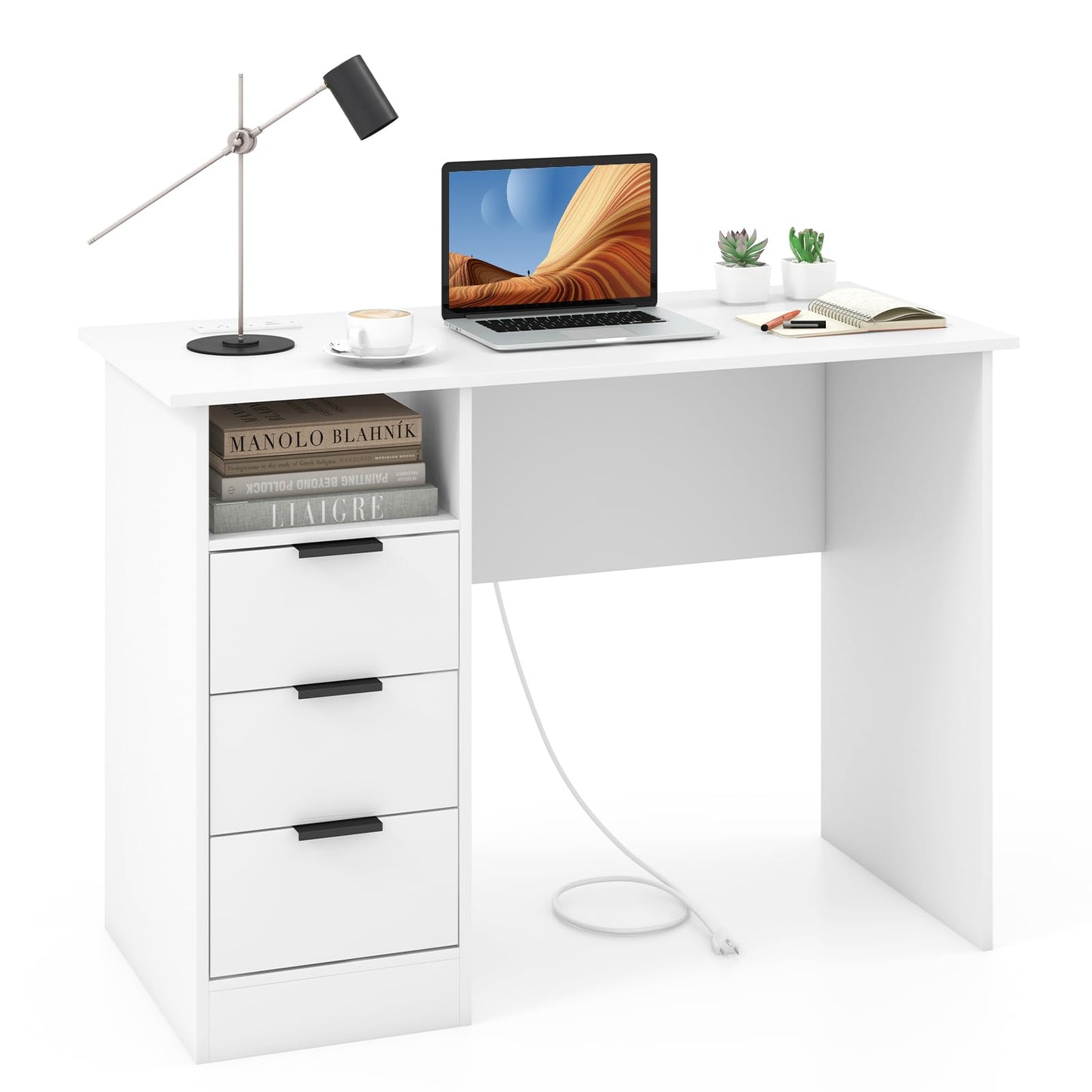Tangkula White Desk with 3 Drawers & Charge Station, Home Office Desk with Open Shelf, Study Writing Desk, PC Desk Computer Workstation, Modern Computer Desk for Bedroom, Study