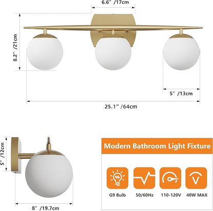 Gold Bathroom Light Fixtures, 3-Light 25.1 Inch Modern Light Fixture Bathroom with Milky White Frosted Glass Shades, Wall Sconces for Bathroom, Bedroom, Living Room(G9 Bulb not Included)