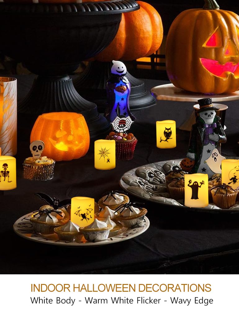 HOME MOST Set of 12 Halloween Votive Candles Battery Operated (White Body, Warm White Flicker) - Flameless Unscented Candles with Halloween Decals - LED Flickering Flameless Votive Candle