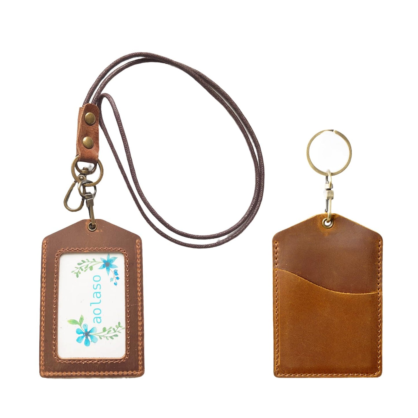 Badge Holder- Vertical Genuine Leather ID Badges Holder Durable Keychain ID Card Holder with Heavy Duty Neck Lanyard for Office, School, Conferences