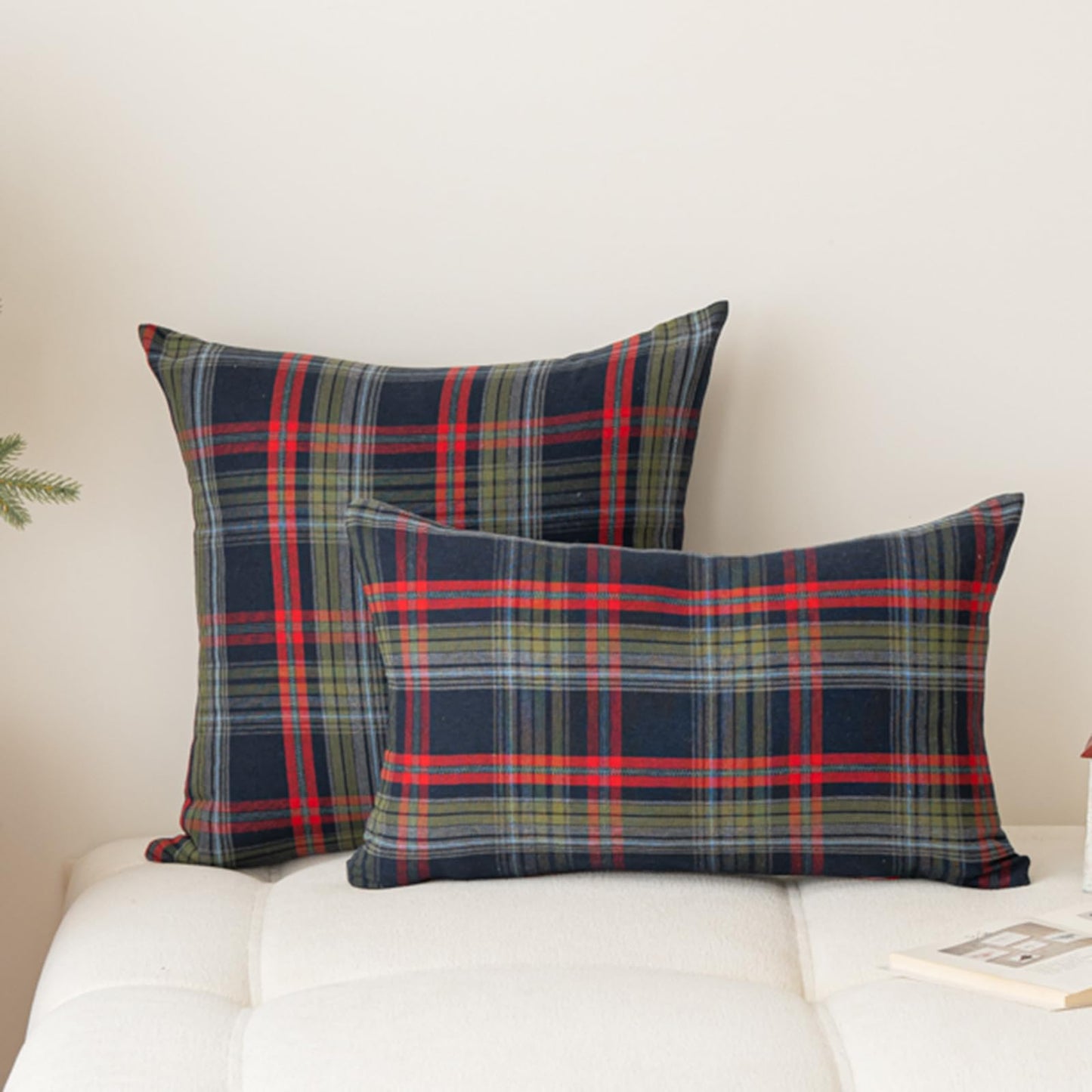 Huierxun Christmas Pillow Covers 18x18 Set of 2, Christmas Decorations Scottish Tartan Plaid Throw Pillow Cases Farmhouse Decorative Square Cushion Case for Sofa Couch Home Decor (Plaid D,18''x18'')