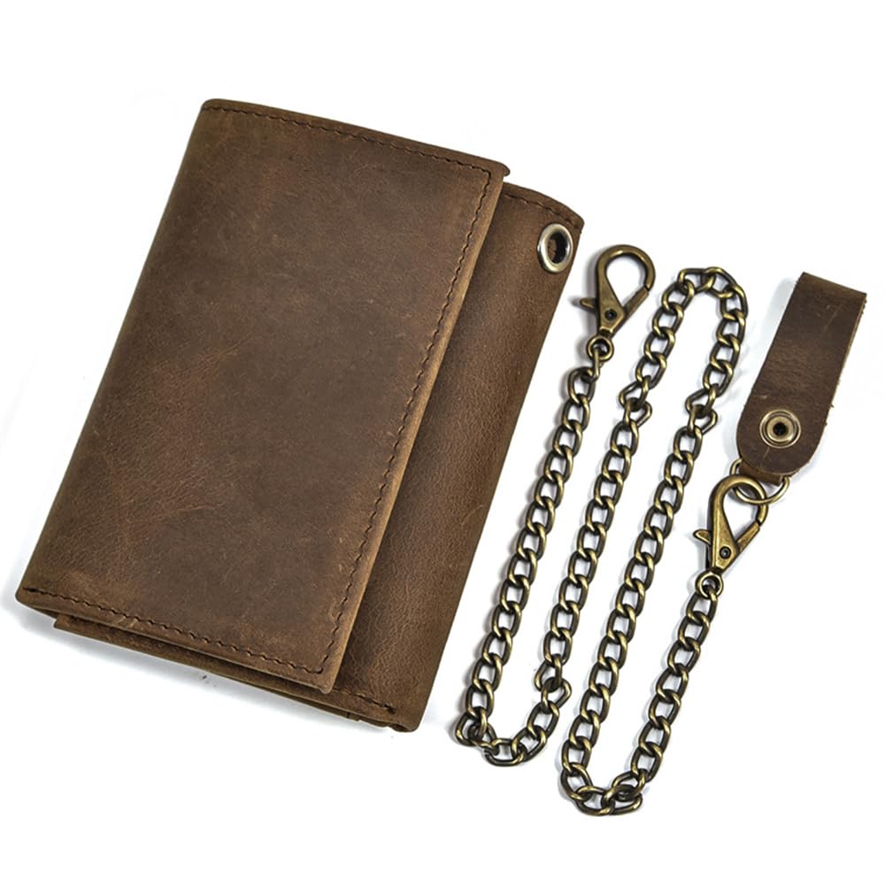 PINKPIN Mens Wallets with Chains, Genuine Leather Trifold Wallet RFID Blocking Anti-Theft Chain for Biker, Motorcycle (Brown)