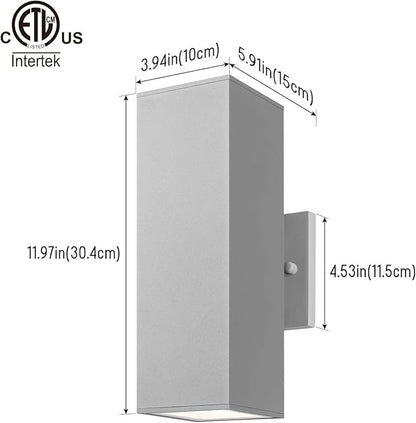 mirrea Modern Outdoor Porch Light Patio Light in 2 Lights with Aluminum Rectangular Tube and Tempered Glass Cover Waterproof Wall Sconce 2 Pack (Matte Gray)
