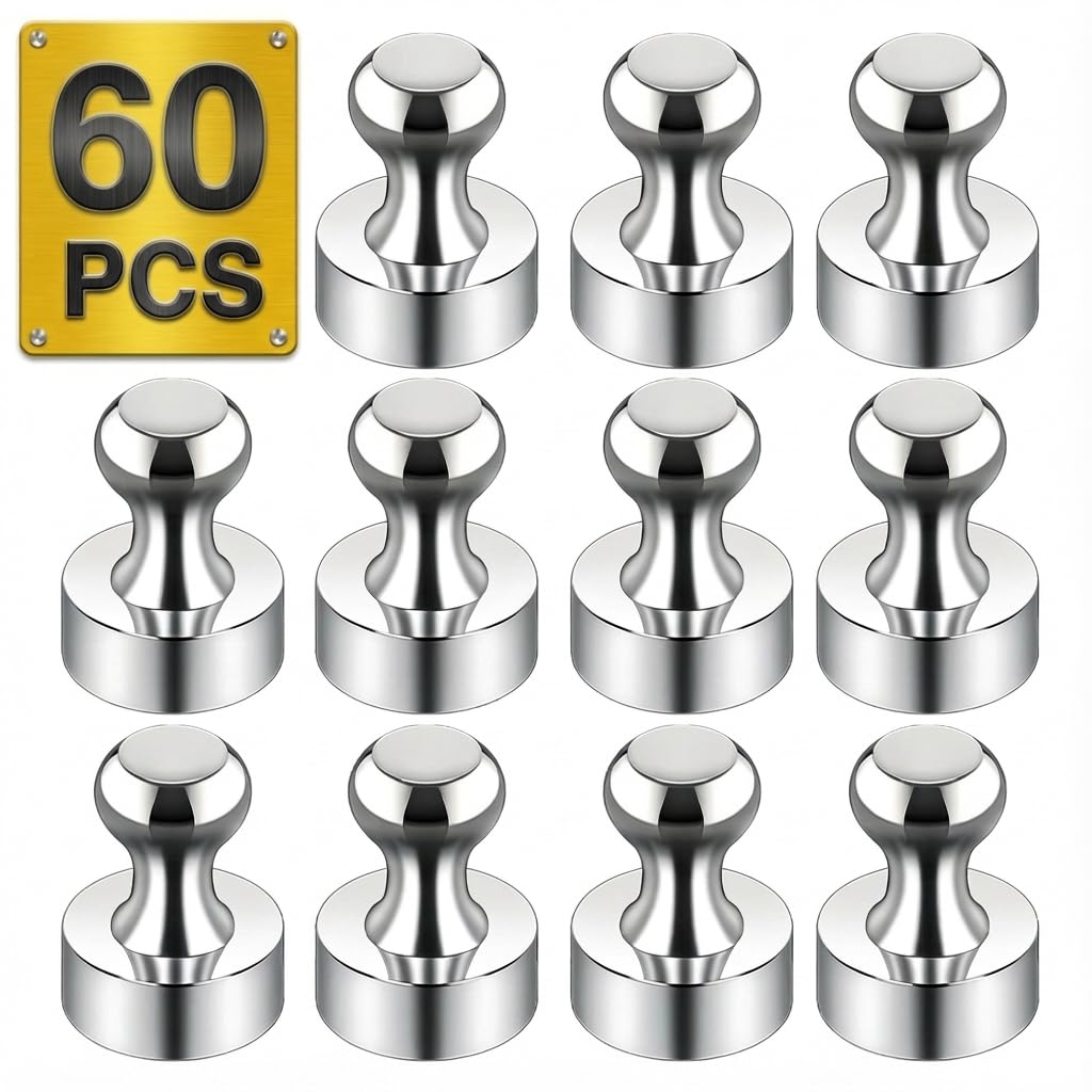 Tiergrade Metallic Magnets, Refrigerator Magnets, 60 Pack Silver Magnetic Push Pins, Strong Fridge Magnets, Multi-use Whiteboard Magnets Perfect for Kitchen Office Classroom