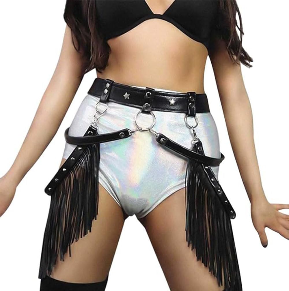 Pinwe Women Body Harness Garter Punk Leather Waist Belts with Fringe Gothic Leg Tassel Belt for Dress Festival Dance Consume