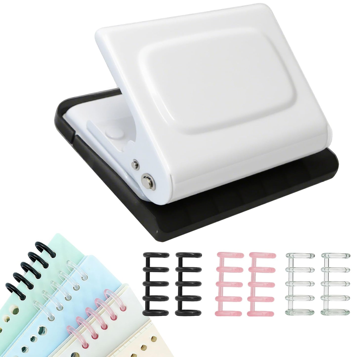 10 Hole Punch Binding Machine for Planners, Manual Paper Puncher for DIY Loose Leaf Notebooks, Includes 18 Colorful Binder Rings, Perfect for A4/A5/B5 DIY Scrapbooking, White